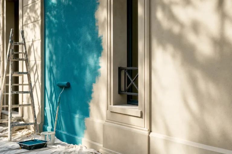 Façade d'immeuble en cours de ravalement, tons bleus-verts, lumière naturelle rasante sur texture de crépi