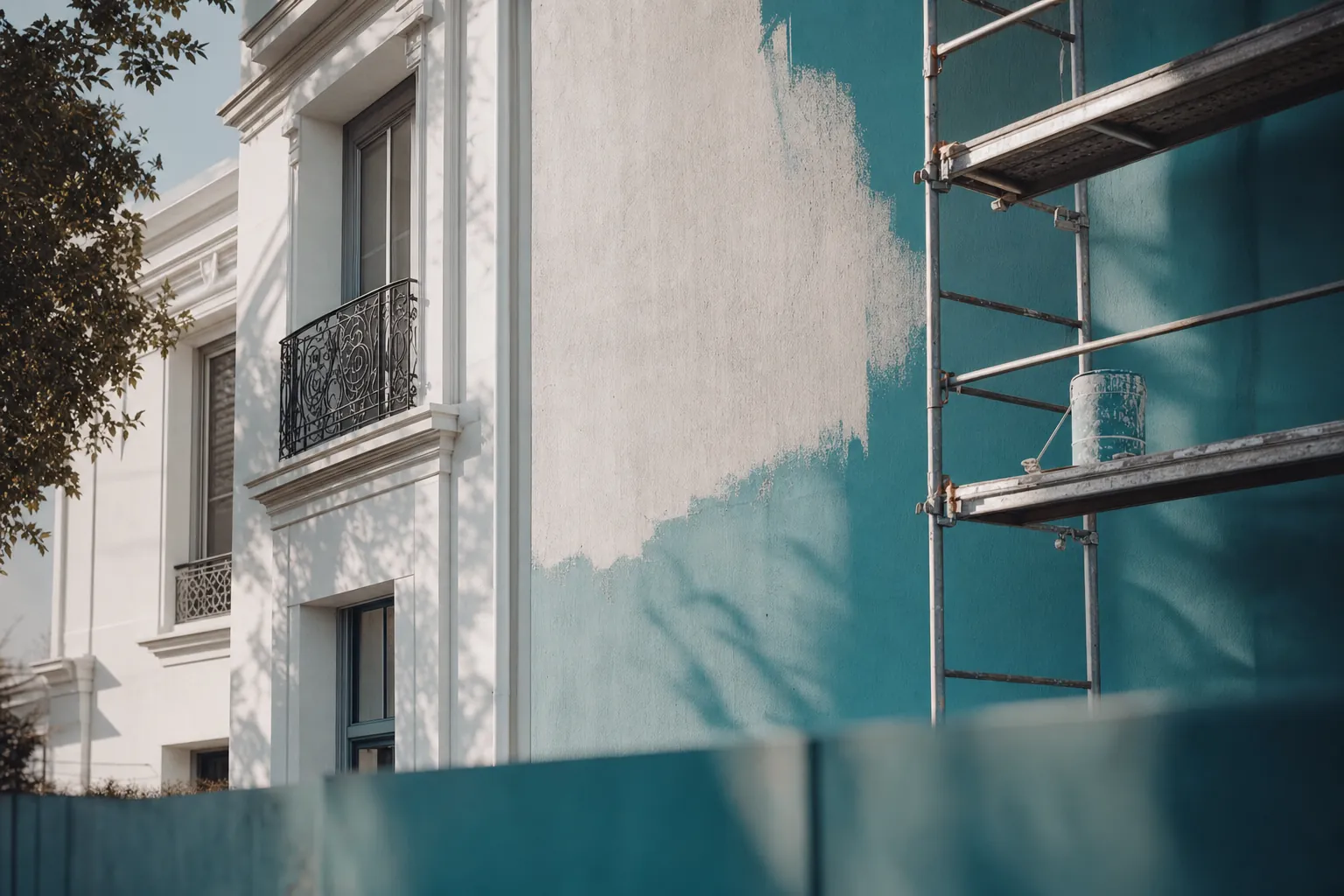 Façade d'immeuble en cours de ravalement, textures de crépi et teintes bleutées dans une lumière naturelle épurée
