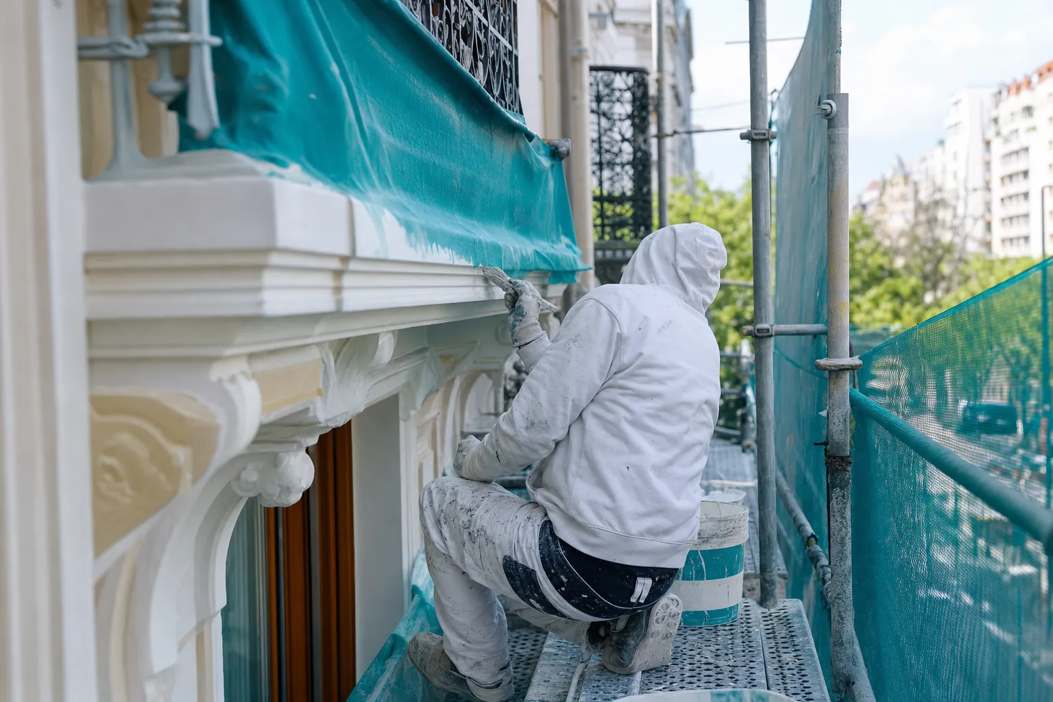 plan large sur un echafaudage tubulaire dresse contre la facade d'un immeuble, filet de protection tendu et bache verte