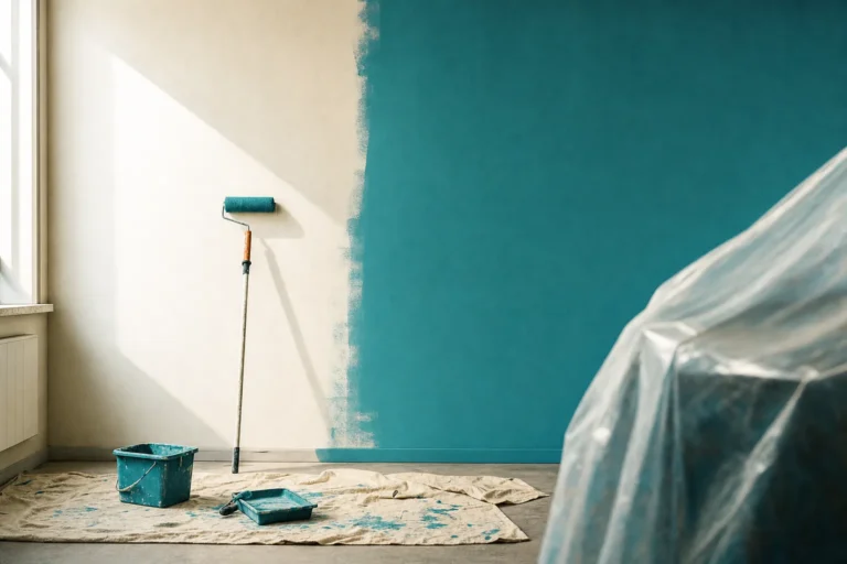 Rouleau et pots de peinture sur fond épuré aux teintes bleutées, matériel d'artisan peintre au m2