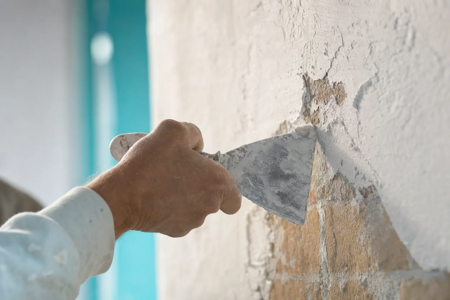 plan serre sur une main tenant un couteau a enduire raclant un mur en plâtre traditionnel dont la surface irreguliere revele