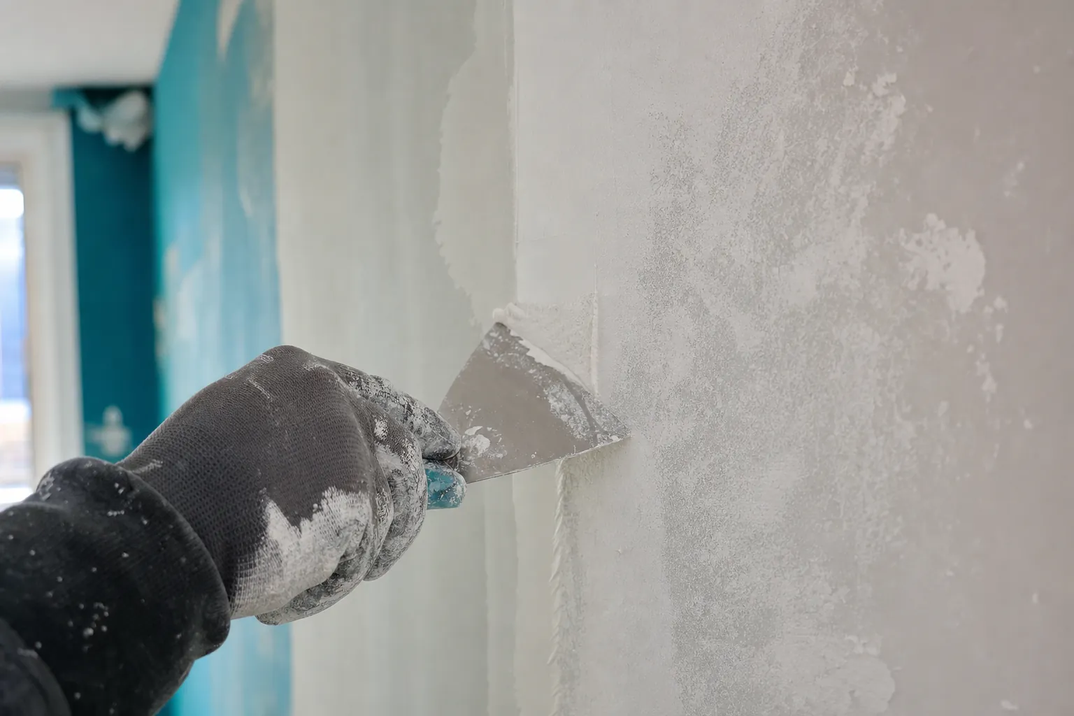 gros plan sur une fissure rebouchee a l'enduit de lissage sur un mur, la spatule laissant une trace lisse a cote d'une zone