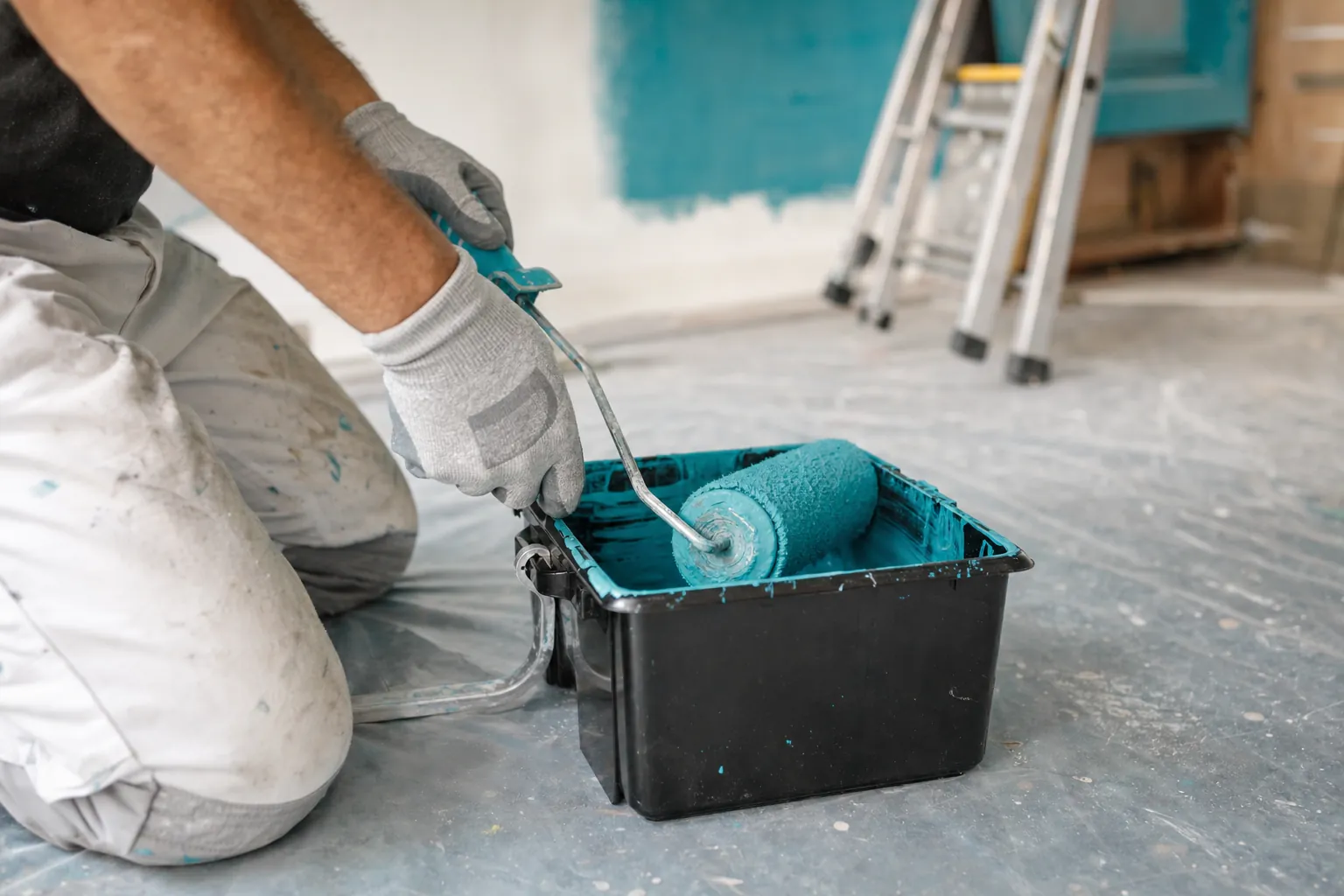 mains gantees d'un artisan chargeant un rouleau dans un bac de peinture pose sur une bâche de protection au sol, echelle
