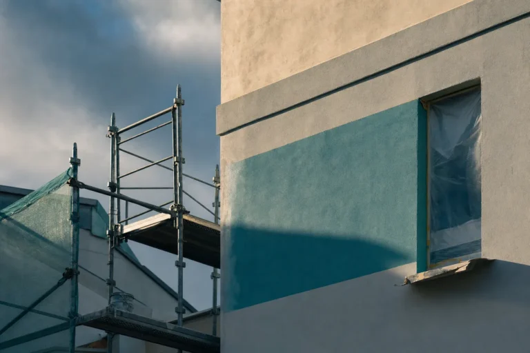 Façade en cours de ravalement, échafaudage et textures de crépi en gros plan, tons bleus-verts lumineux