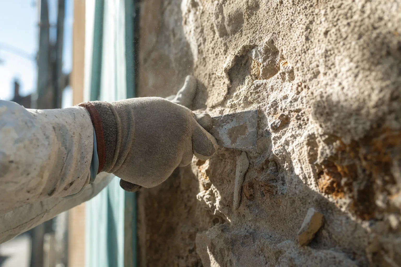 gros plan sur une main gantee grattant un vieil enduit ciment fissure d'un mur de meuliere, poussiere en suspension
