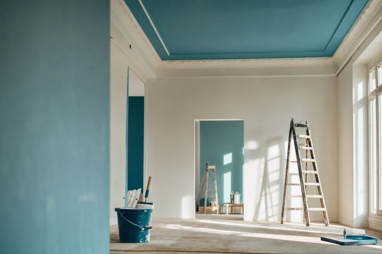 Plafond fraîchement peint dans un intérieur rénové, lumière naturelle douce révélant la texture mate de la peinture
