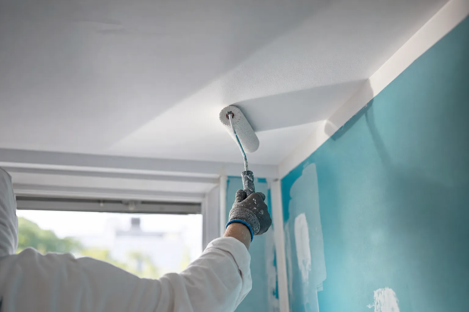 lumiere rasante venant d'une fenetre laterale balayant un plafond fraichement peint mat, revelant la surface lisse
