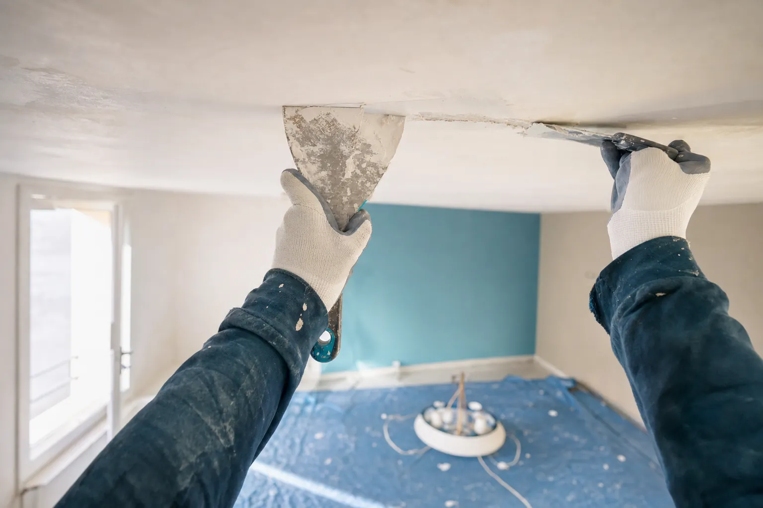 mains gantees rebouchant une fissure de plafond a l'enduit avec un couteau large, luminaire demonte pose sur une bache
